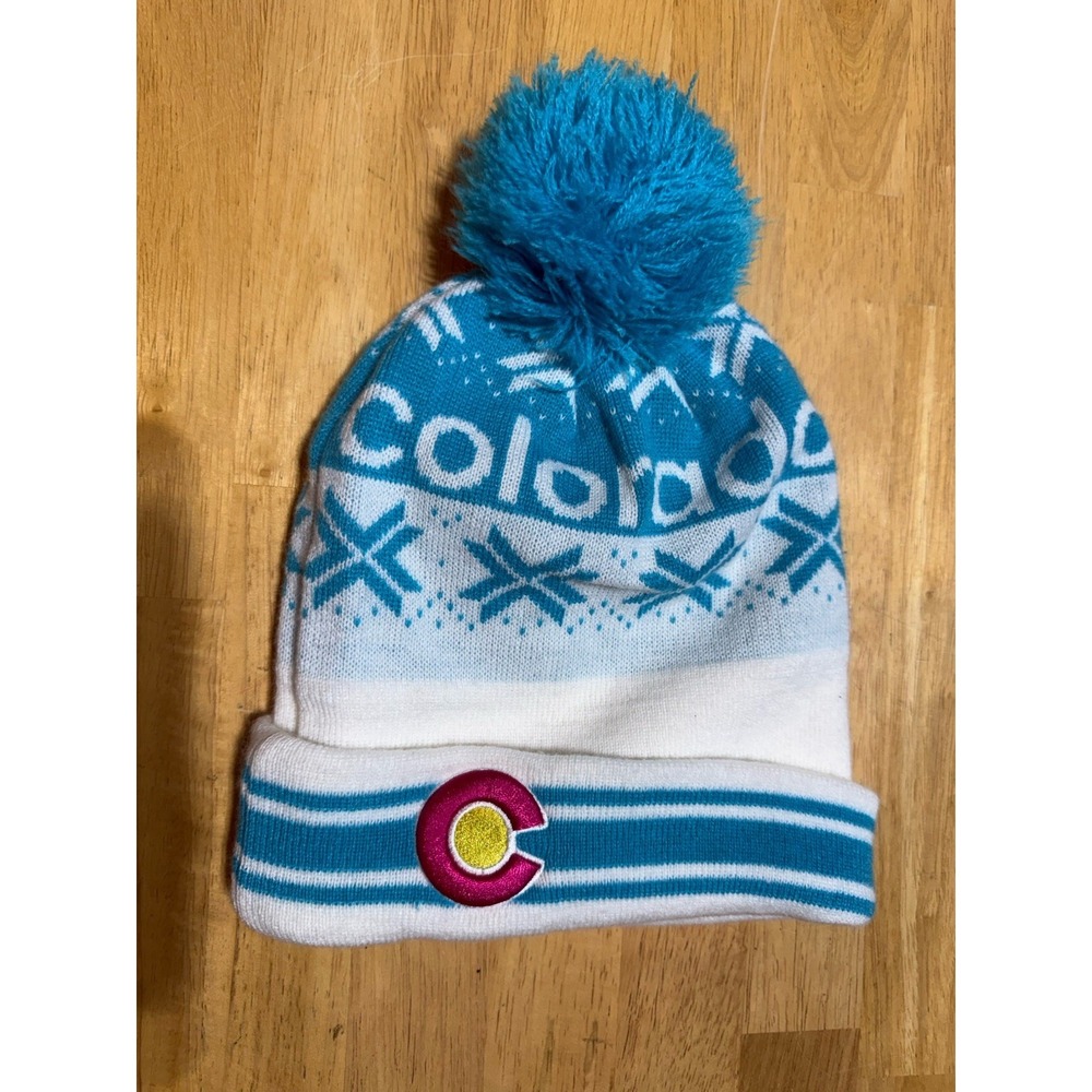 Colorado Limited Winter Pom Beanie Hat White Blue State Flag Patch Ski Snowflake